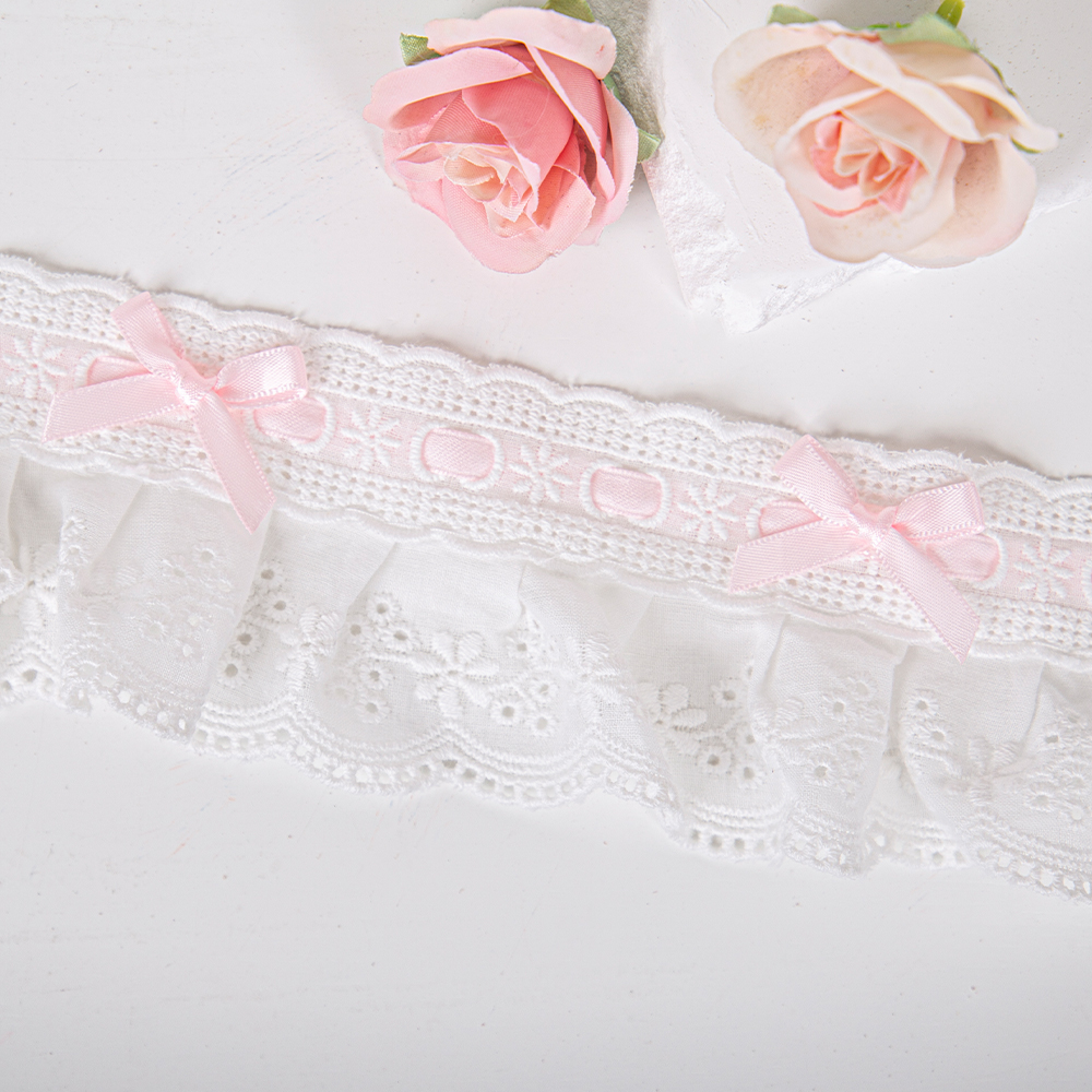 White Lace With Pink Ribbon Bow Fabric for Pouch Clothing Wedding Dress Underwear Decoration